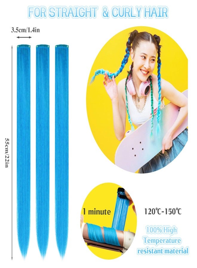 CLOEWCL 12 PCS Blue Hair Extensions Clip in, 22" Colored Highlights, Synthetic Straight Hair Piece DIY Accessories for Daily Party (LightBlue) - Image 5